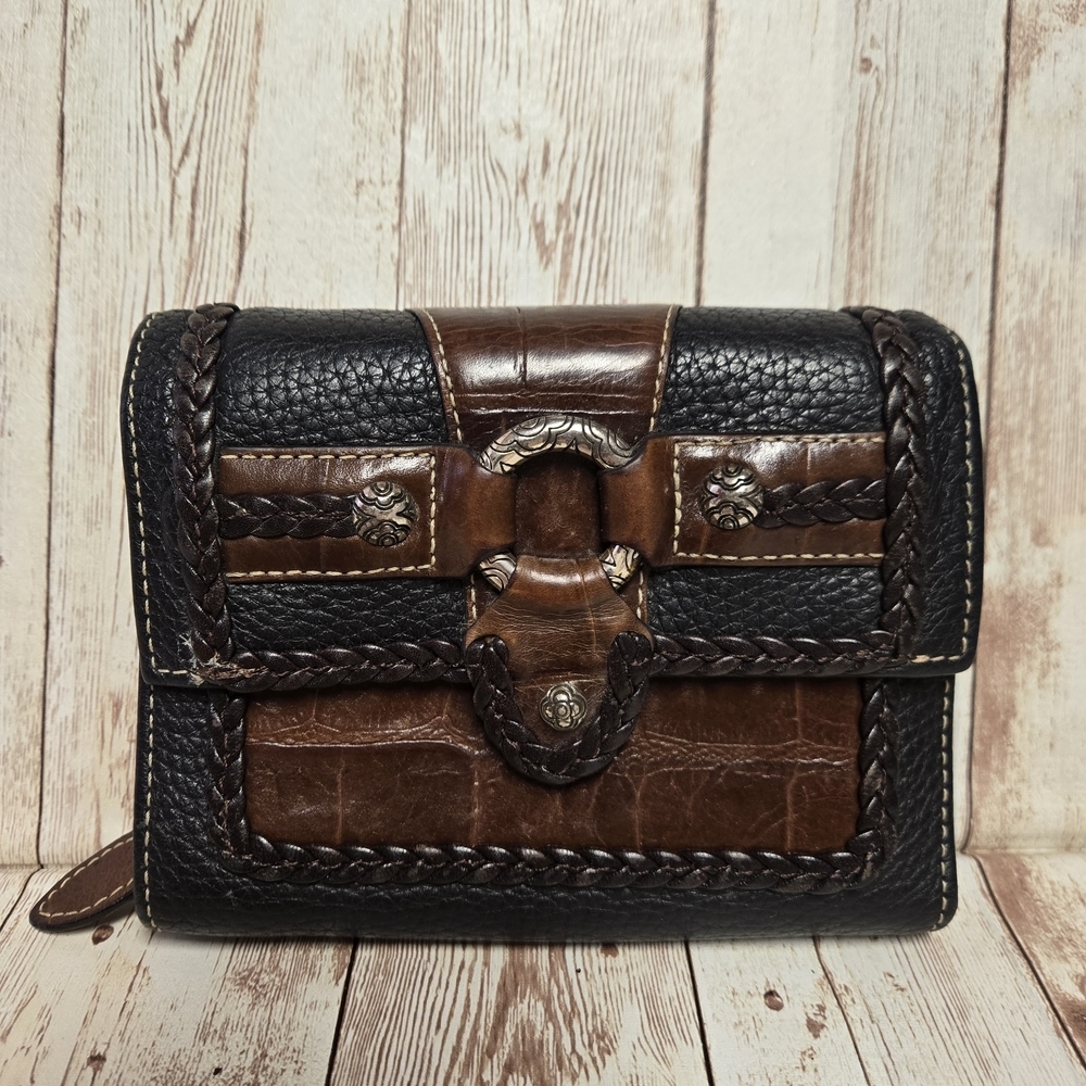 Brighton Black Brown Leather Wallet Western Concho Braided Trim Organizer Bifold - Picture 2 of 12